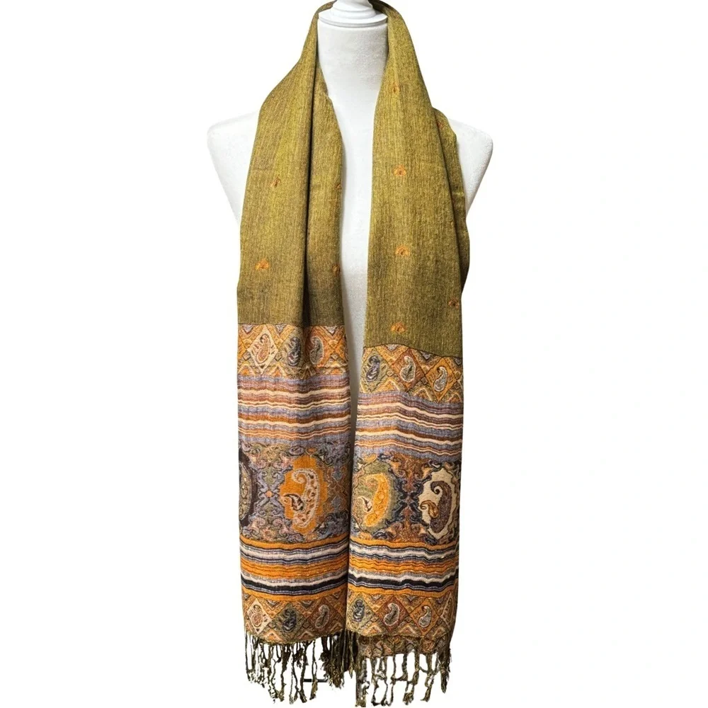 New Autumn Orange Green Double-Sides Paisley Pashmina Shawl/ Scarf - Picture 5 of 8